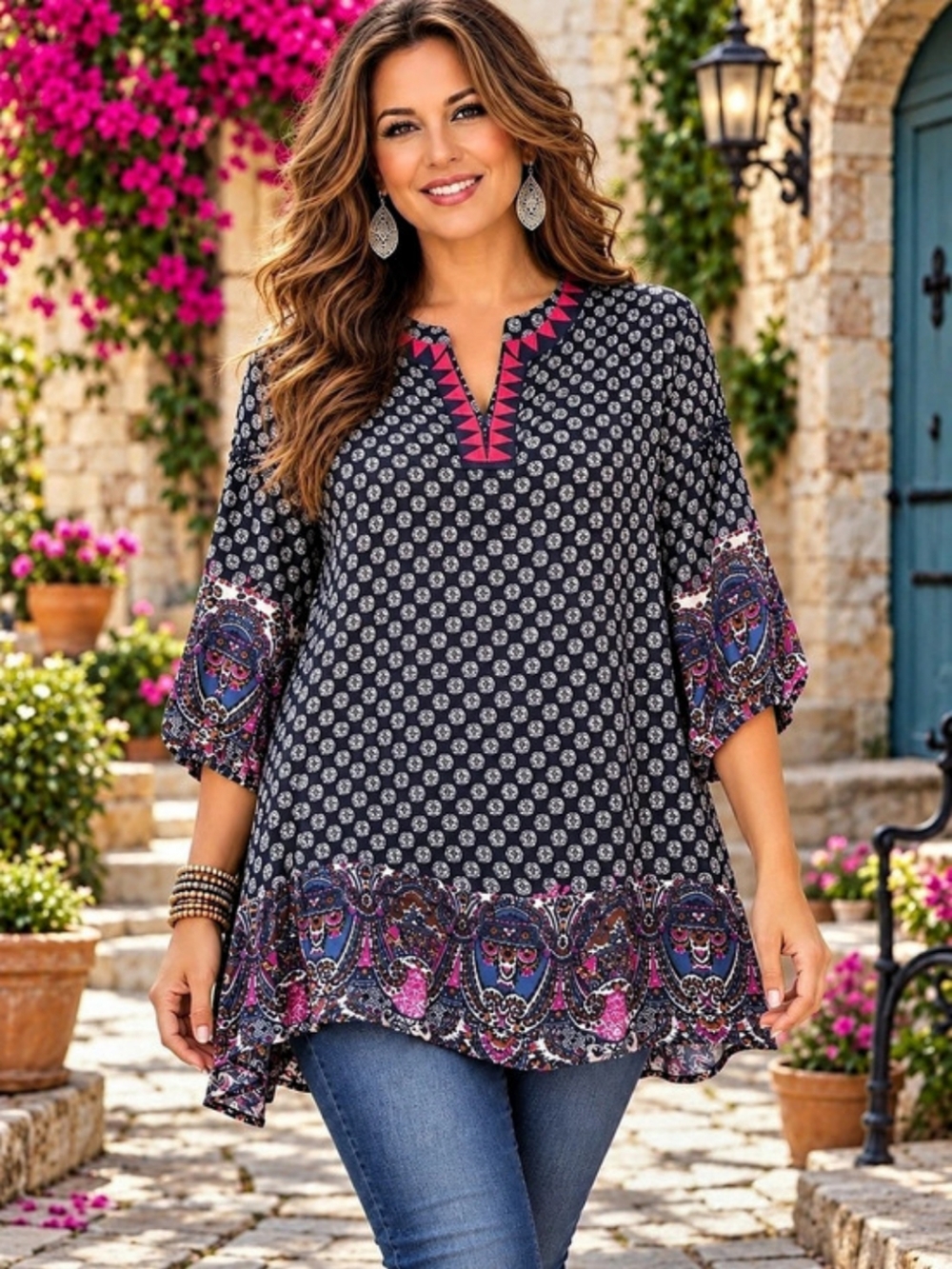 Umgee Size Large Boho Paisley Border Print Tunic Top Navy Pink 3/4 Sleeve